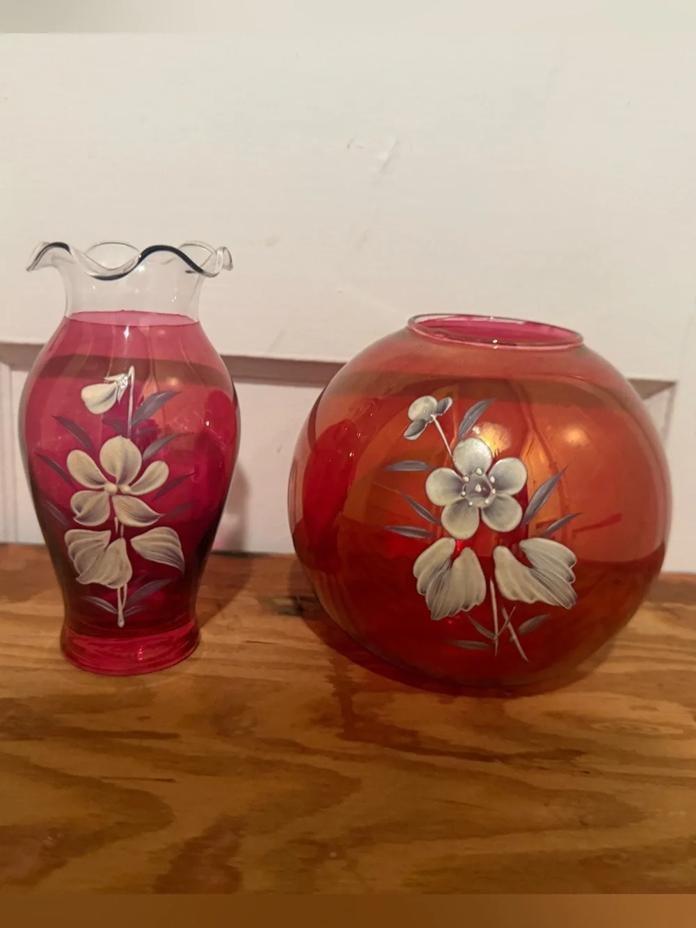 Fenton Vintage Red Cranberry Glass Ruffeled Vase Set
